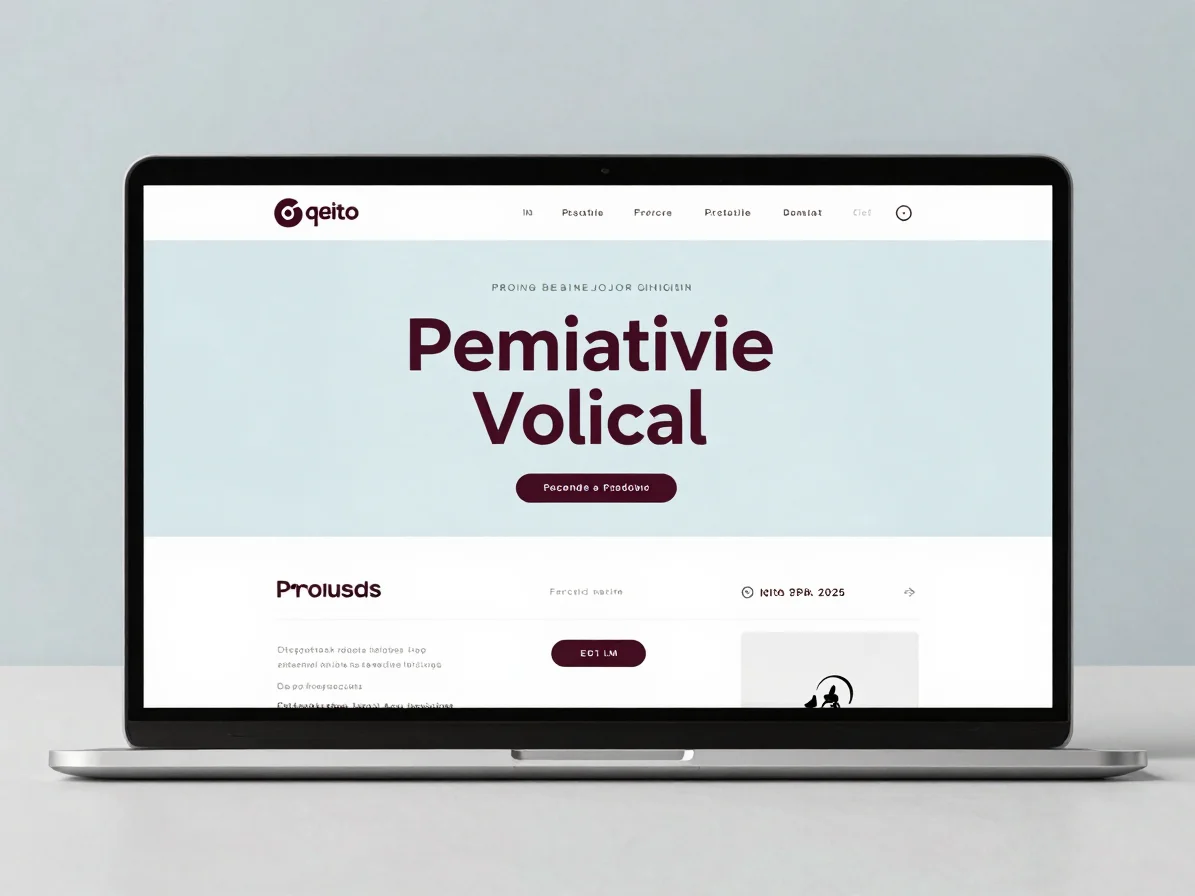Digital interface mockup render of a responsive web page layout, desktop view, large clean typographic hierarchy, soft s