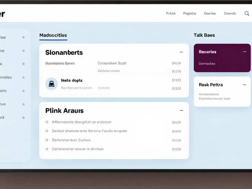 Digital interface mockup render of a web application dashboard, crisp soft studio lighting, light blue and muted brown p