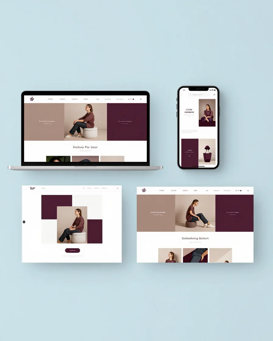 Digital interface mockup render of a responsive website layout shown across desktop and mobile frames, crisp soft studio