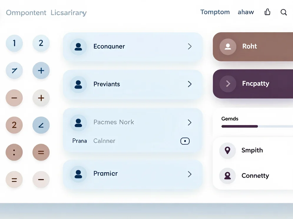 Digital interface mockup render of a component library sheet showing buttons, cards and navigation bars in light blue, m